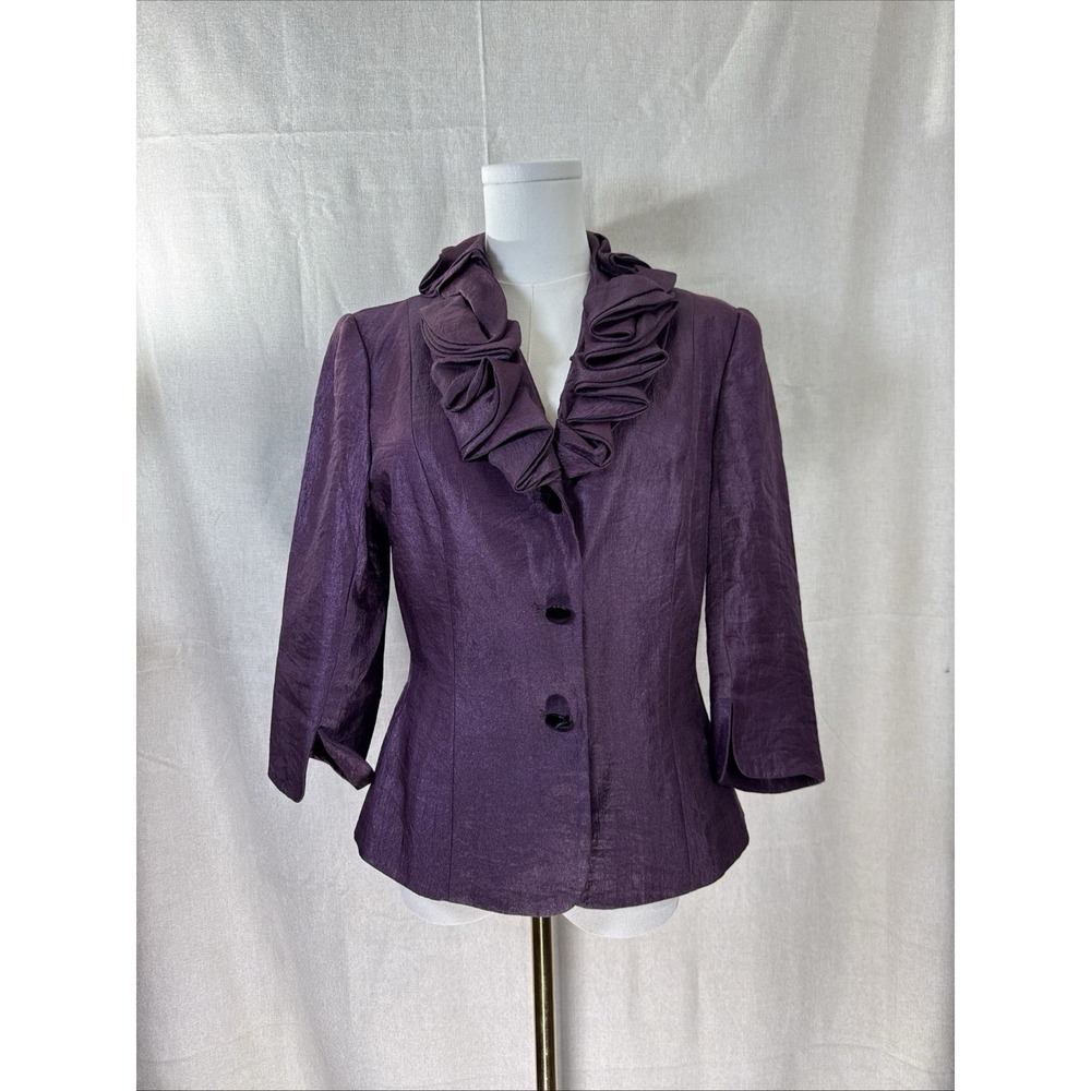 Adrianna Papell Evening Purple Jacket W/Ruffled Collar V Neckline Womens Size 10